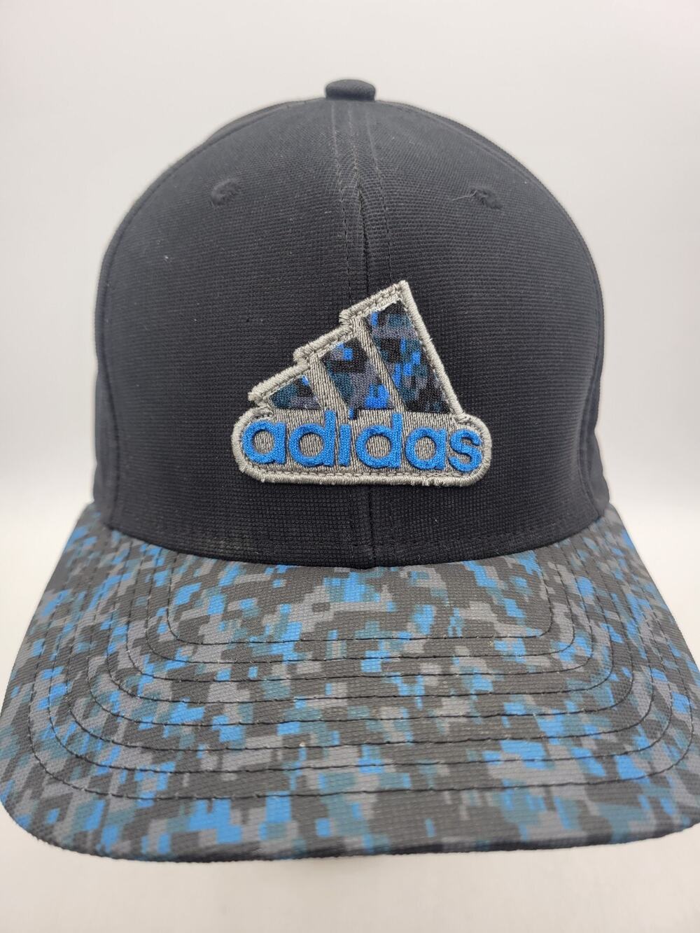 Adidas logo Unisex One Size Hat Black with Blue square pattern Ball Cap flex fit